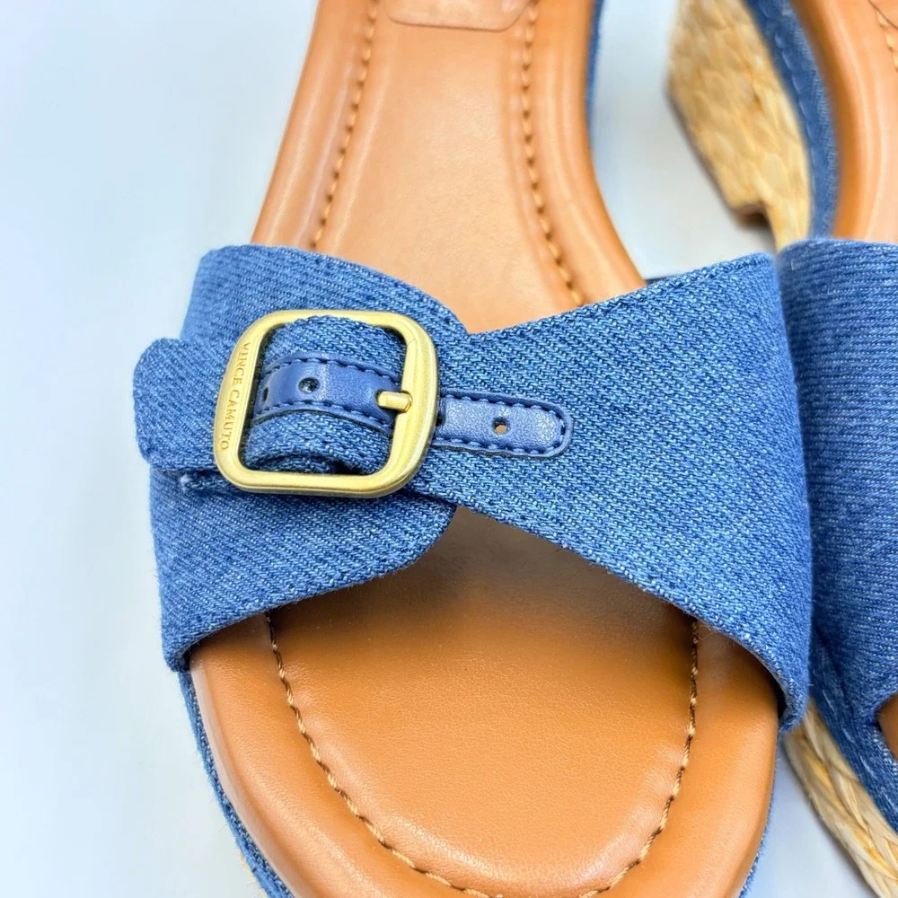 Vince Camuto Meterry Denim Espadrille Platform Sandals Blue Indigo Womens 9 Chic
